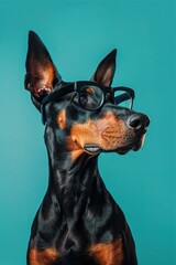 : A sleek Doberman with minimalist, black-framed glasses, standing proudly against a solid turquoise background. The glasses give the dog a powerful and commanding presence.
