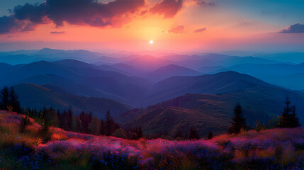 Sunset Majesty: A breathtaking panorama of majestic mountains silhouetted against a vibrant sunset, with a foreground of wildflowers adding a touch of vibrant color to the serene landscape. 