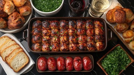 Appetizing baked meatballs, roasted sausages, bread, spinach, wine, and side dishes.