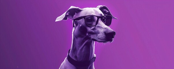 A sleek greyhound with minimalist, black-rimmed glasses, standing proudly against a solid purple background. The glasses give the dog a refined and powerful appearance.