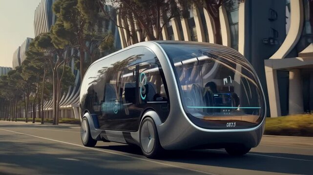 Futuristic electric bus driving in city with buildings in background. Business transportation and eco-friendly urban transport. Future smart city concept.