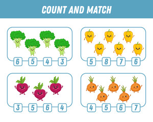 Education game for children count and match of cute cartoon vegetables, printable worksheet. Funny broccoli, onion, pepper, beet. Vector