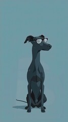 A sleek greyhound with minimalistic, silver glasses, standing proudly against a solid light blue background. The glasses give the dog a graceful and intellectual look.
