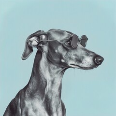 A sleek greyhound with minimalist, silver glasses, sitting calmly against a solid light blue background. The glasses give the dog a refined and graceful appearance.