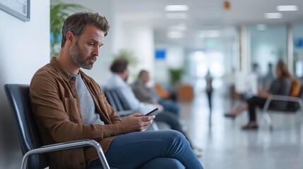 Man waiting in a hospital waiting room using his phone