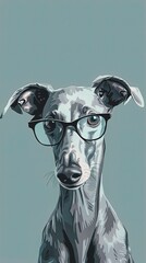 A sleek greyhound with minimalistic, silver glasses, standing proudly against a solid light blue background. The glasses give the dog a graceful and intellectual look.