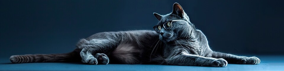 A sleek Russian Blue cat with slender, silver-rimmed glasses, lying calmly against a solid dark blue background. The glasses give the cat a poised and intellectual demeanor.