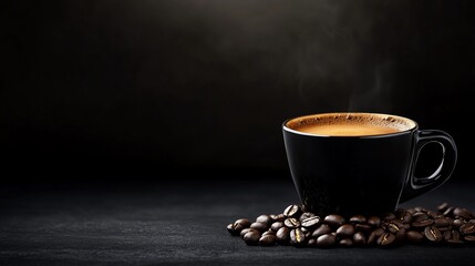 Steaming espresso in black cup with coffee beans.