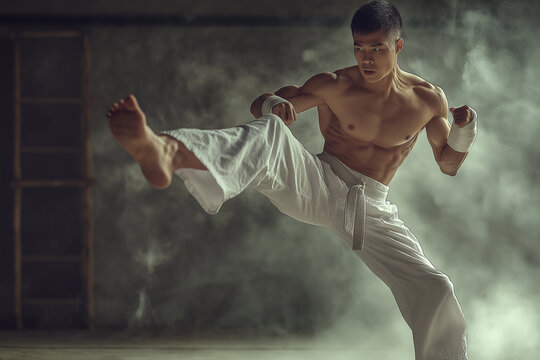 Martial artist performs dynamic side kick in minimalist training studio setting