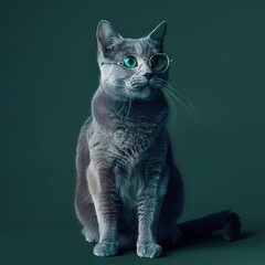 A sleek Russian Blue cat with slender, silver glasses, sitting poised against a solid dark green background. The glasses give the cat an elegant and intellectual appearance.