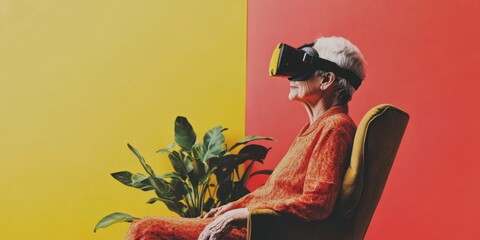 An Elderly Woman Enjoying an Immersive Virtual Reality Experience in a Vibrant Setting