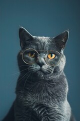 A sleek Russian Blue cat with thin, gold-rimmed glasses, sitting calmly against a solid dark blue background. The glasses give the cat a refined and elegant look.