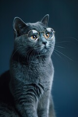 A sleek Russian Blue cat with thin, gold-rimmed glasses, sitting calmly against a solid dark blue background. The glasses give the cat a refined and elegant look.