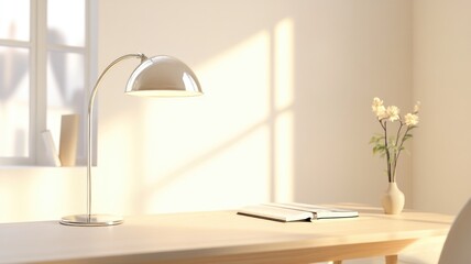Modern minimalist workspace with elegant chrome desk lamp and soft lighting