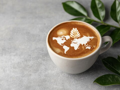world map latte art on coffee cup