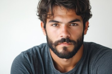 Fototapeta premium Meditative Hispanic Man in Casual Tee with a Focused Gaze Against a Clean Backdrop