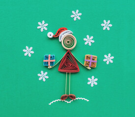 Surprise. quilling card with stick figure girl giving gift boxes. Celebrating Holiday. Hand made of...