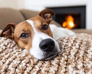 Cozy dog relaxing by the fireplace