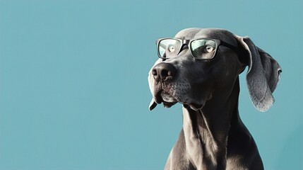 : A sleek Weimaraner wearing simple, wire-rimmed glasses, standing proudly against a solid light blue background. The glasses give the dog a calm, intelligent expression.