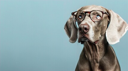 : A sleek Weimaraner wearing simple, wire-rimmed glasses, standing proudly against a solid light blue background. The glasses give the dog a calm, intelligent expression.