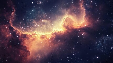 Obraz premium A vibrant space scene showcasing a fiery nebula with glowing golden and orange hues, set against a star-filled backdrop. Ideal for cosmic, fantasy, or creative projects.. AI Generation