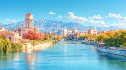 Obraz premium Scenic view of a river with colorful trees and mountains in the background.