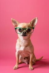 A small Chihuahua with tiny, green glasses, standing confidently against a solid pink background. The glasses add a playful and quirky touch to the dog???s appearance.