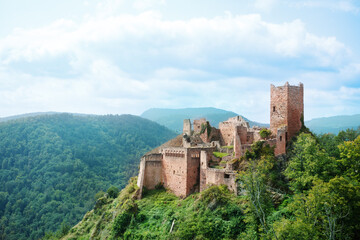 Fototapeta premium Explore the historic castle ruins perched above expansive woods