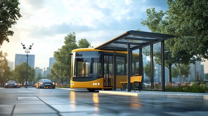 Naklejka premium Modern yellow electric bus at city transit stop.