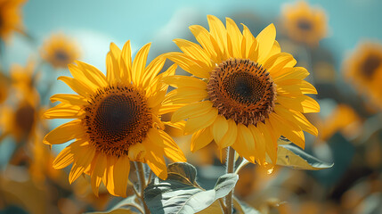 Naklejka premium Sunlit Companions: Two vibrant sunflowers stand tall, their golden petals radiating warmth and joy against a softly blurred background of fellow blooms.