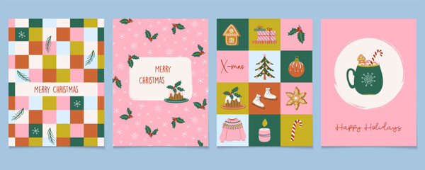 Happy holidays greeting cards. Christmas congratulations. Set of cute colorful Winter festive prints. Flat design geometric vector illustrations.

