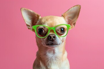 A small Chihuahua with tiny, green glasses, standing confidently against a solid pink background. The glasses add a playful and quirky touch to the dog???s look.