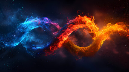 Fire and Ice Infinity Loop:  A mesmerizing abstract swirl of vibrant blue and fiery orange flames intertwines to form an infinity loop against a dark, cosmic backdrop.