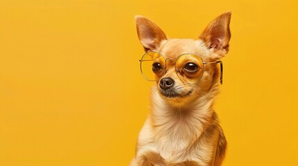  A small Chihuahua with tiny, wire-framed glasses, sitting with a poised expression against a solid yellow background. The glasses give the dog a sophisticated, sharp look.