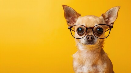 : A small Chihuahua with tiny, wire-framed glasses, sitting with a poised expression against a solid yellow background. The glasses give the dog a sophisticated, sharp look.