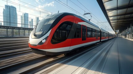 Fototapeta premium Sleek Modern Train Racing Through the Countryside, Capturing the Essence of High-Speed Travel on the Railway