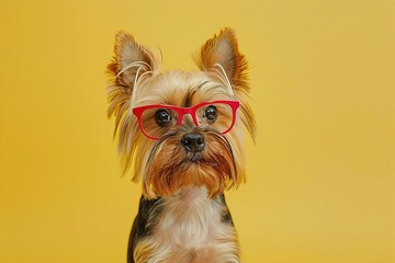 : A small Yorkshire Terrier with tiny, red-rimmed glasses, standing proudly against a solid pastel yellow background. The glasses add a cute and spunky touch to the dog???s look.