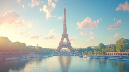 Scenic view of the Eiffel Tower by a serene river under a clear sky.