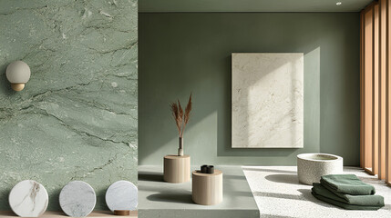 This mood board features a range of spa design elements, emphasizing relaxation through soothing green tones and natural materials ideal for a calming environment