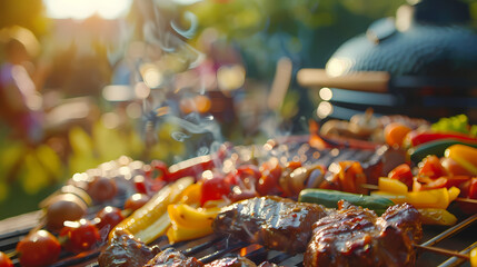 Summer BBQ Feast: Sizzling summer flavors on the grill, with juicy steak, colorful bell peppers, and grilled veggies, promising a delicious feast.  The warm glow of sunshine.