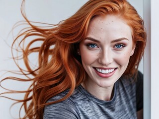 Fototapeta premium 白い背景でスタイリッシュなTシャツを着た赤毛の女性が幸せそうに笑顔を見せる姿。生成AI