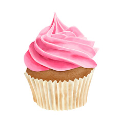Cupcake with strawberry pink cream in paper basket. Watercolor digital illustration. Sweet pastry isolated, on white background. Sponge cake with sweet cream cap, For birthday, Valentine's day