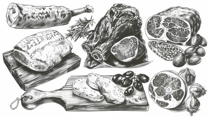 Hand-Drawn Meat and Olives: A collection of meticulously rendered illustrations showcasing various cuts of meat, olives, and bread, perfect for culinary themes, restaurant menus.