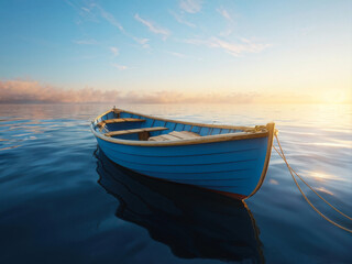 A photorealistic view of a blue boat at sunrise, with golden hues reflecting on the calm water and a peaceful sky in the background. Generative AI