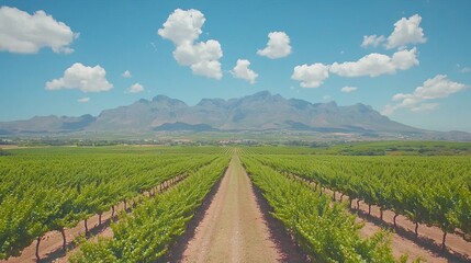 Fototapeta premium Scenic vineyard landscape with mountains and blue sky.