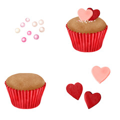 Cupcake without cream in paper basket and sweet hearts in set. Watercolor digital illustration. Sweet pastry isolated on white background. Sweet sprinkles. For birthday, Valentine's Day