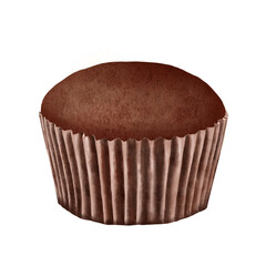 Sweet cupcake without cream in a paper basket. Watercolor digital illustration. Bakery sweets isolated on white background. Chocolate cupcake. Suitable for holiday decor, birthday, Valentine's Day