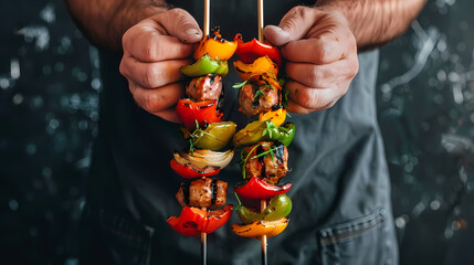 Grilled Kebabs: Two delicious grilled kebabs, bursting with vibrant colors and flavors, are held aloft, showcasing succulent meat and fresh bell peppers. The tantalizing aroma is almost palpable.
