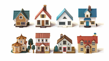 Fototapeta premium Charming House Collection: Eight charming house models in various architectural styles and colors, presented in a delightful collection perfect for design projects or presentations. 