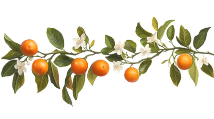 Lush Orange Branch with Blossoms  Citrus Fruits  Spring Flowers  Green Leaves  Botanical I